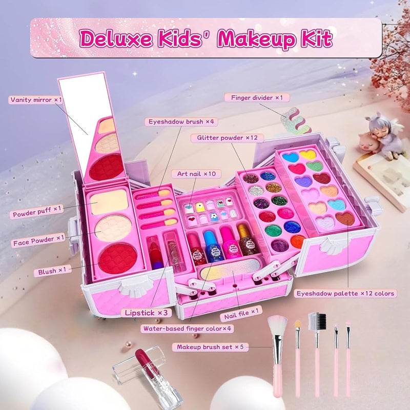 Beauenty Kids Makeup Kit - Washable Makeup Set for Girls with Portable Box, Includes Lipstick, Eye Shadows, and More (Pink) - Image 2